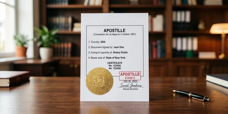 Apostille certificate on desk with international university program acceptance letter and prepared document package for shipment abroad