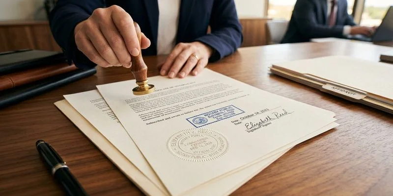 Notary affixing official seal to notarized document
