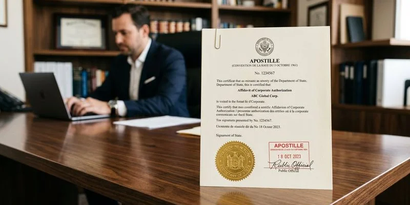 Professional reviewing apostille documentation at desk with North Carolina authentication reference materials